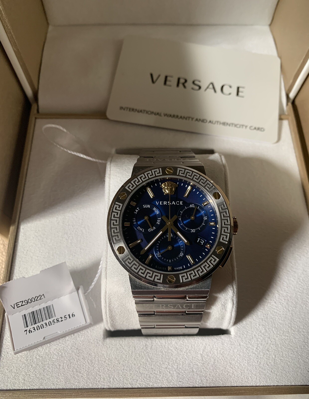 VERSACE VEZ900221 Greca Logo Chrono Blue/ Gold Silver Men’s Watch Timer
