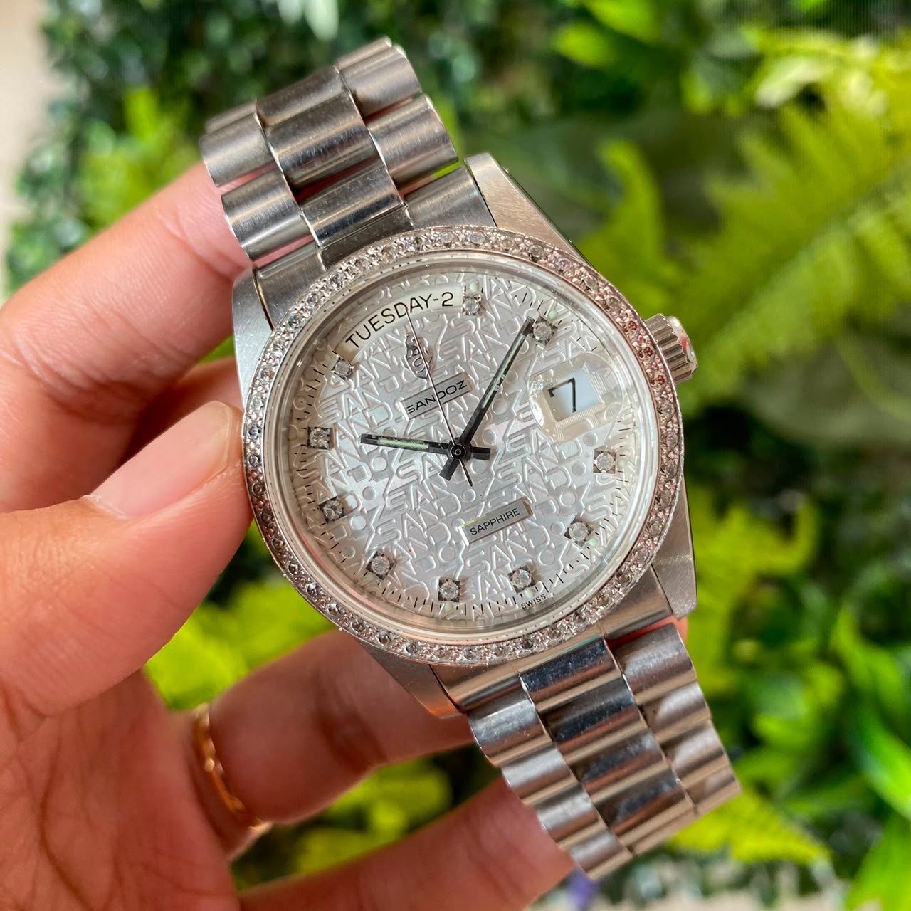 RARE Sandoz President Computer Dial White Dial Diamond Automatic Day Date Watch