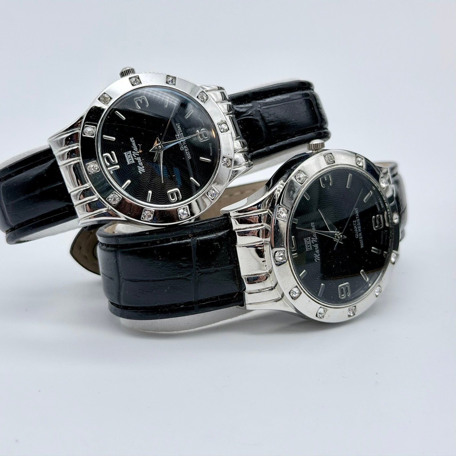 Mark Naimer Celebrity Couples Unisex Quartz Leather Black Crystal Watch Set