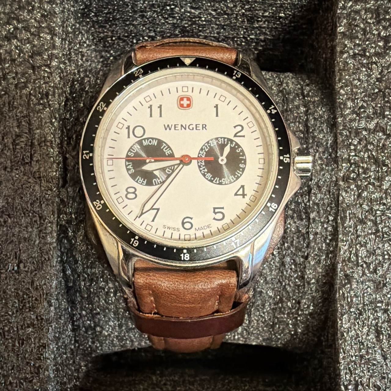 Wenger Men’s Quartz 42mm Analog Watch White Dial Brown Leather Strap Day/Date