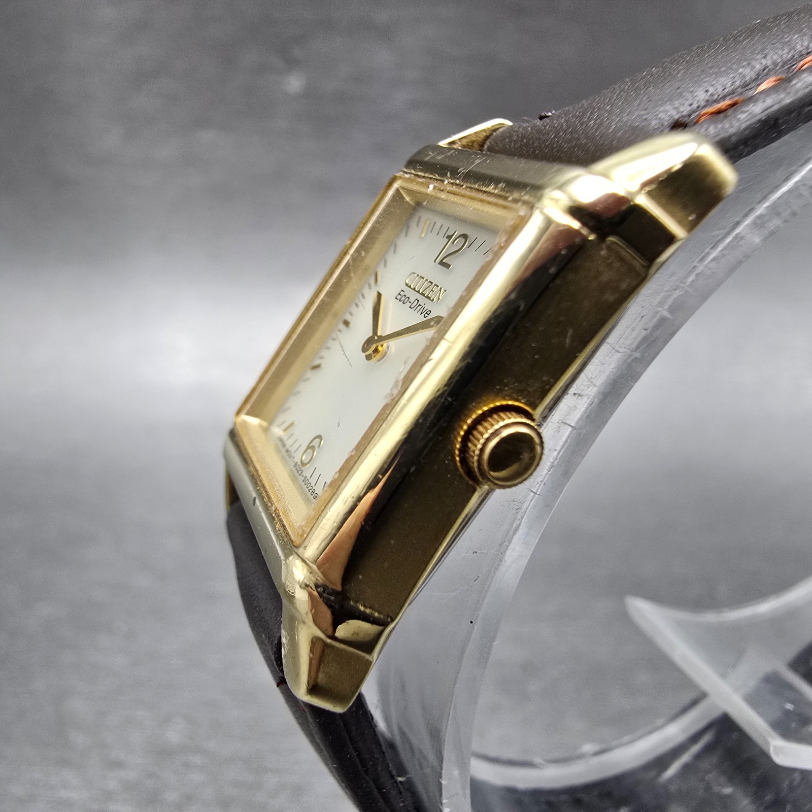 Citizen Eco-Drive Tank Watch Women 18mm Champagne Dial Gold Tone Rectangle Runs