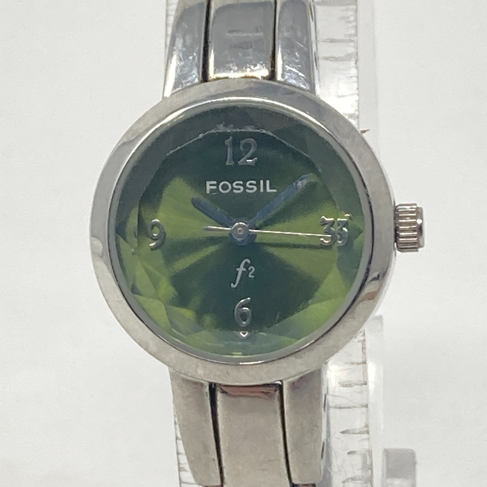 Fossil F2 Womens Watch 22mm Silver Tone Green Dial Faceted WR New Battery 6.25″