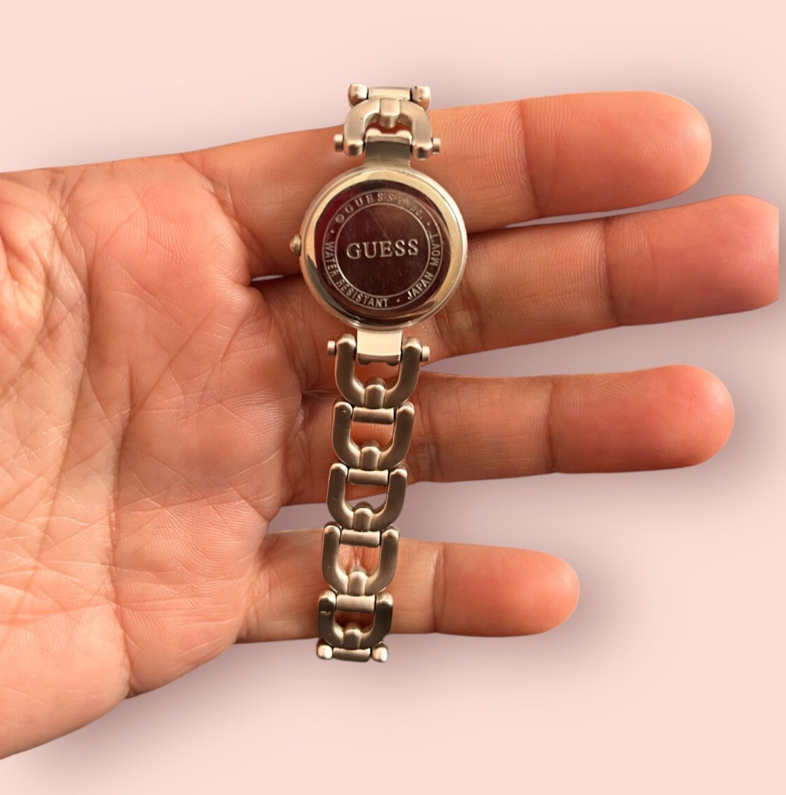 Vtg Guess Women Working Watch Pink Brushed Silver Chain Fold Over Clasp 6.75″