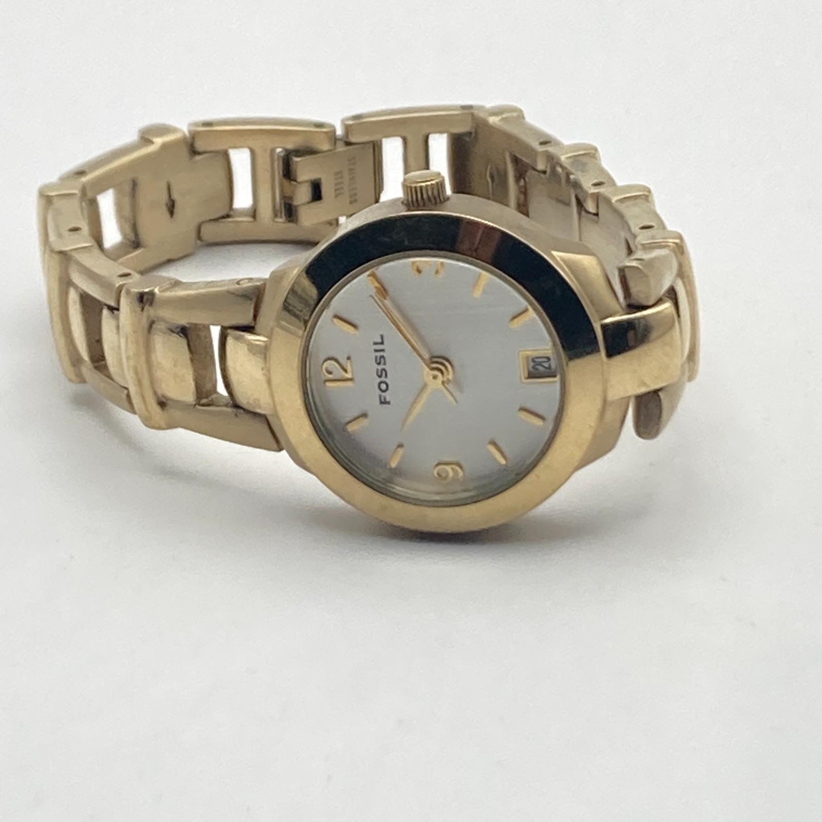 Fossil F2 Women’s Watch 23mm Gold Tone Date Round WR 30M New Battery TINY 5.5″