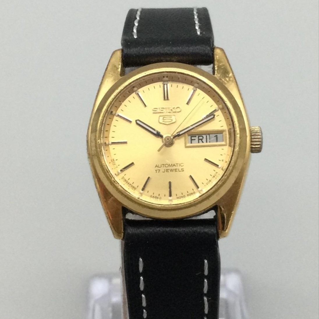 Vintage Seiko 5 Automatic 17j Womens Watch 23mm Gold Tone 4206-0339 Leather