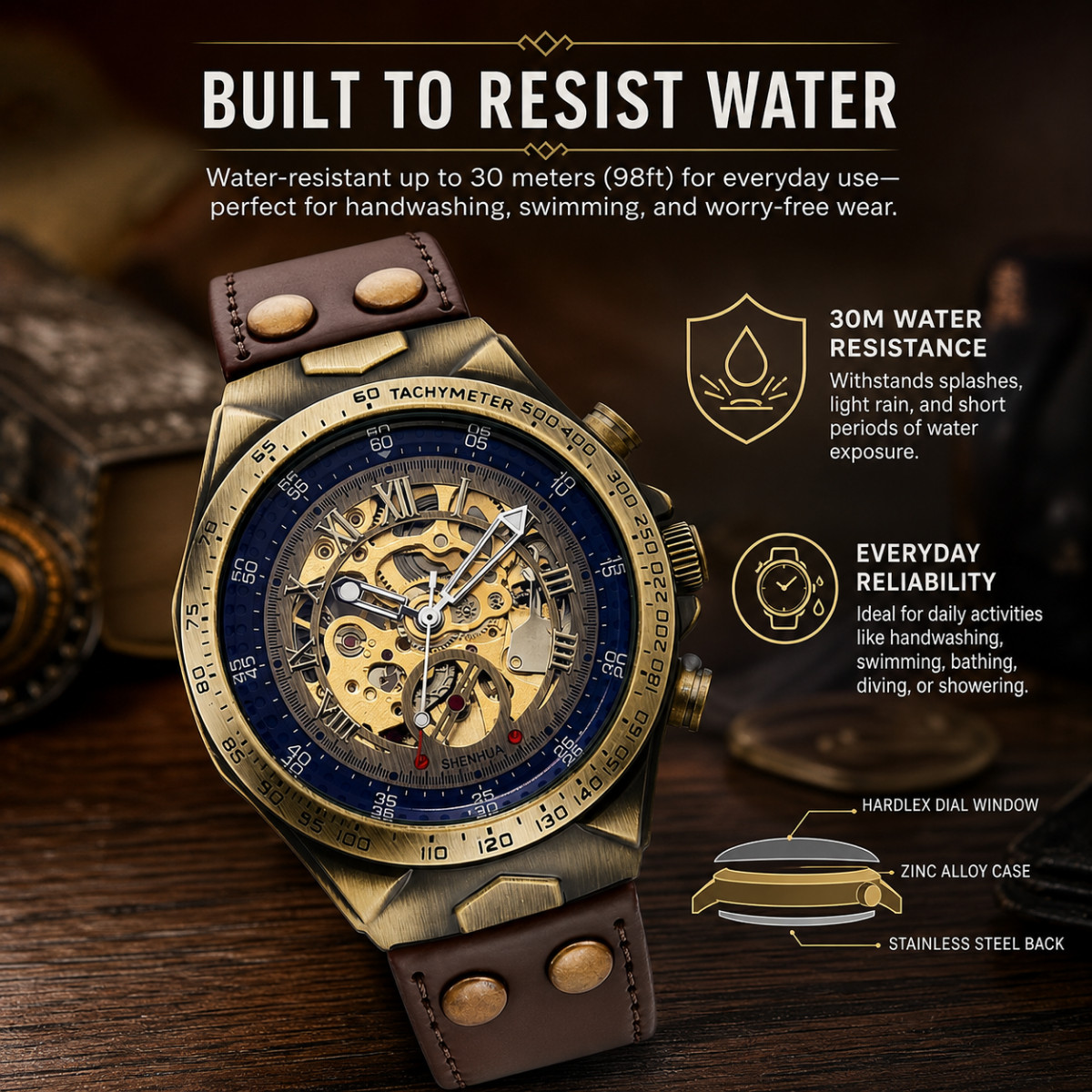 Men’s Luxury Automatic Mechanical Watch Skeleton Dial Leather Strap Retro