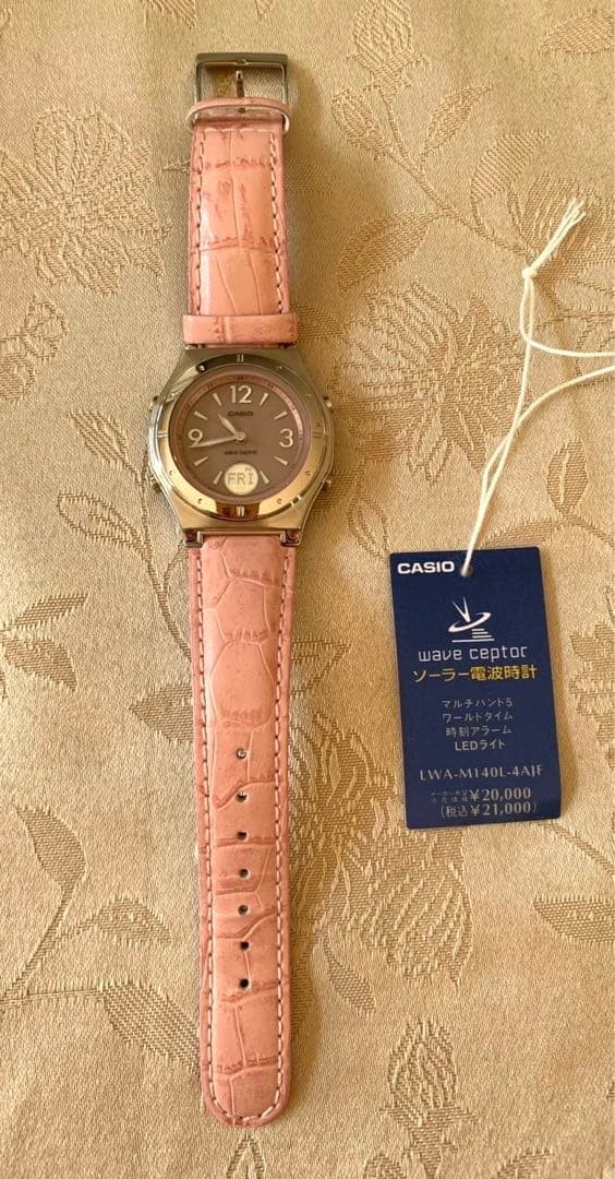 CASIO Wave Ceptor Solar Radio Watch Pink Leather Band Day Display – 8.5in