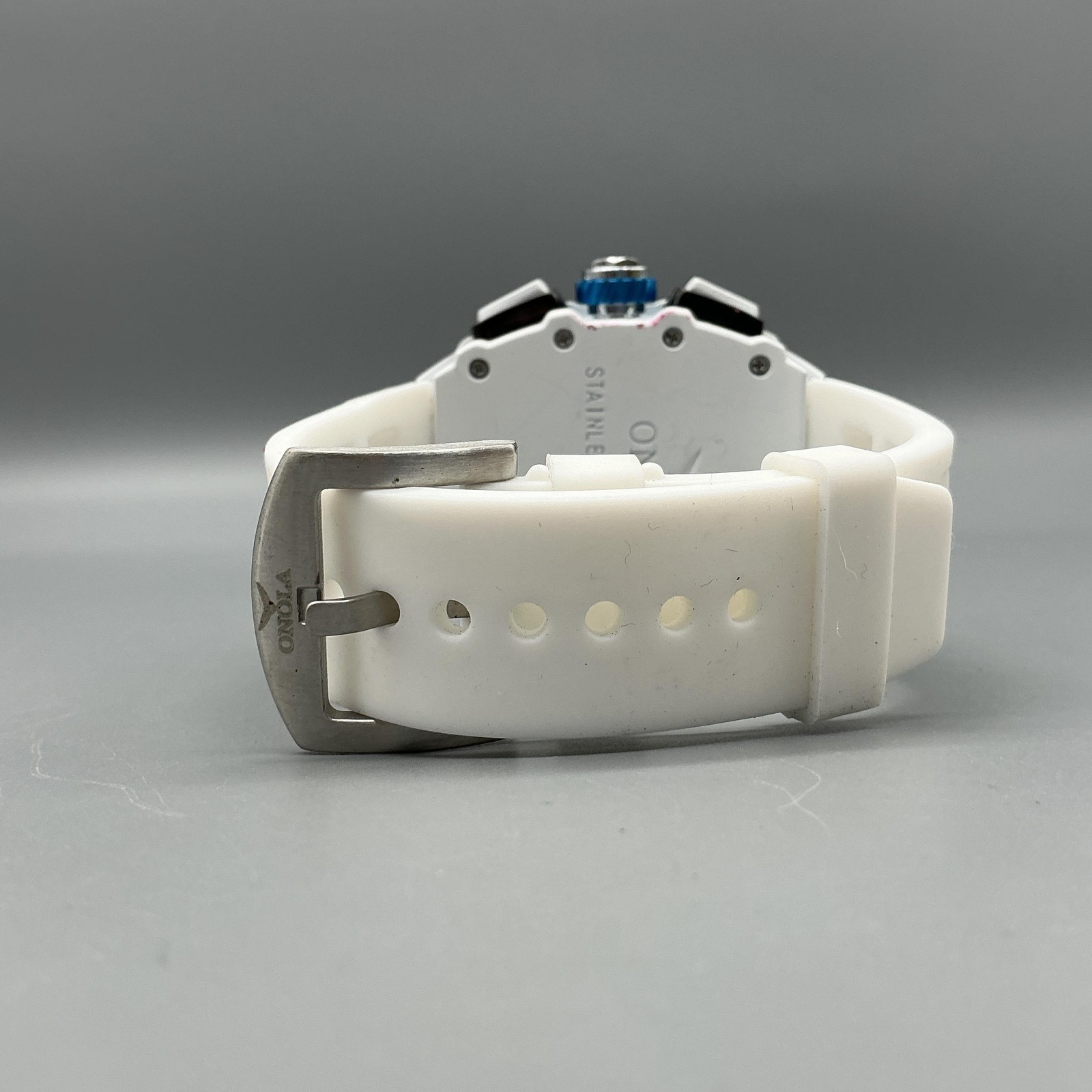 ONOLA Skeleton Mens Watch 44mm White Multicolor Tonneau Silicone New Battery