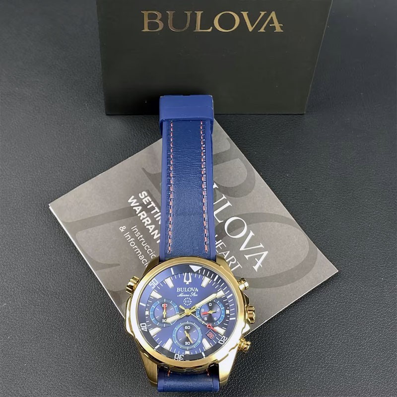 Men Bulova Marine Star Blue/Gold Dial Chronograph 97B168 Quartz Watch 43mm