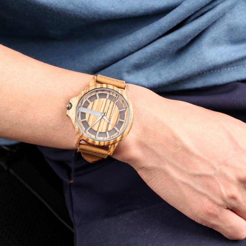 Modern Natural Wood Men’s Sport Quartz Wrist Watch Black Brown Leather Band Gift