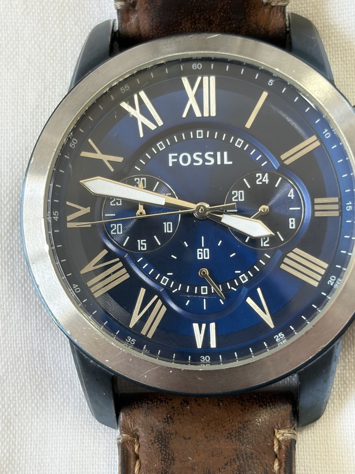Fossil Grant FS5151 Chronograph Watch Blue Dial Brown Leather Runs
