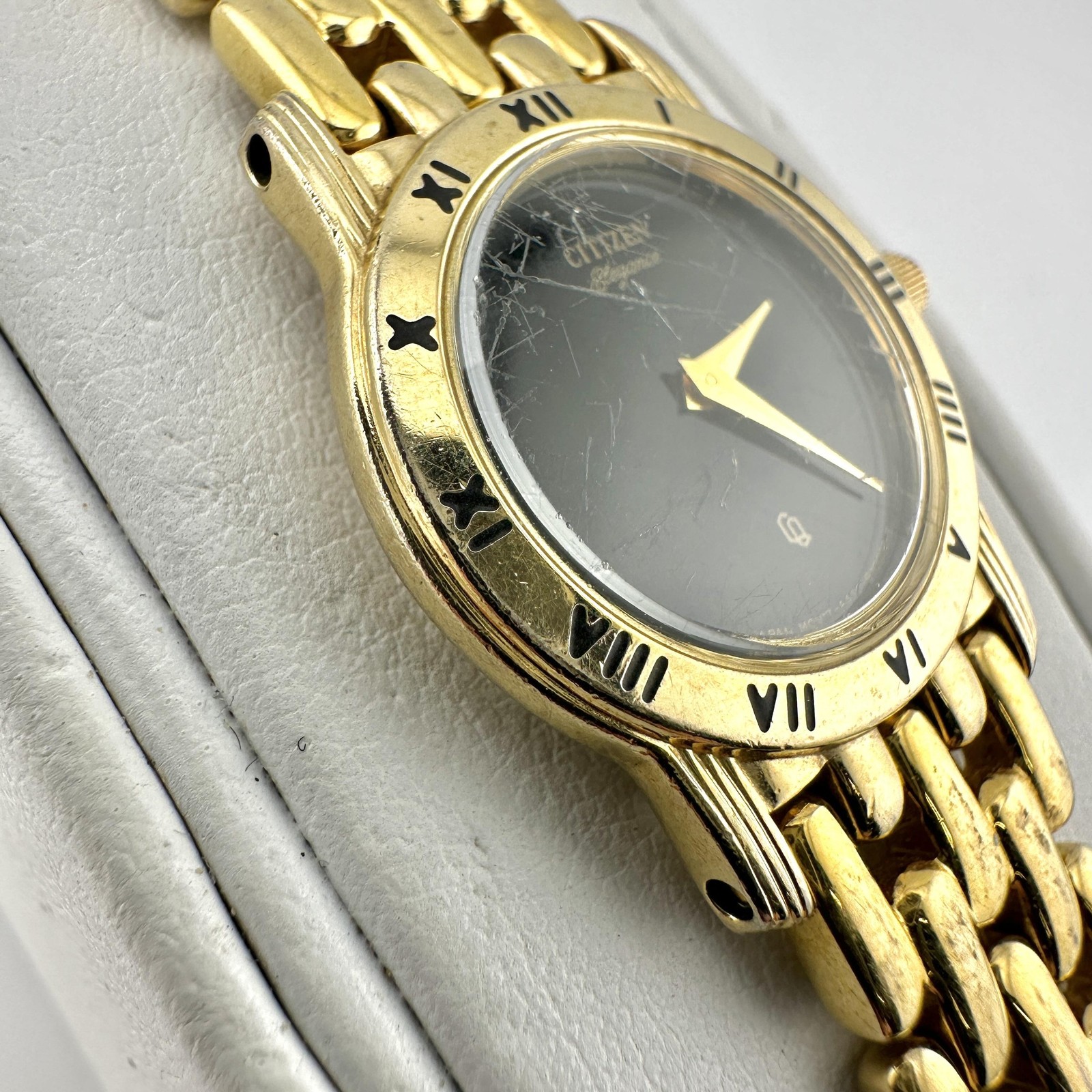 Scratched Citizen Womens Watch 21mm Black Dial Gold Case Bracelet, Size 7.3″