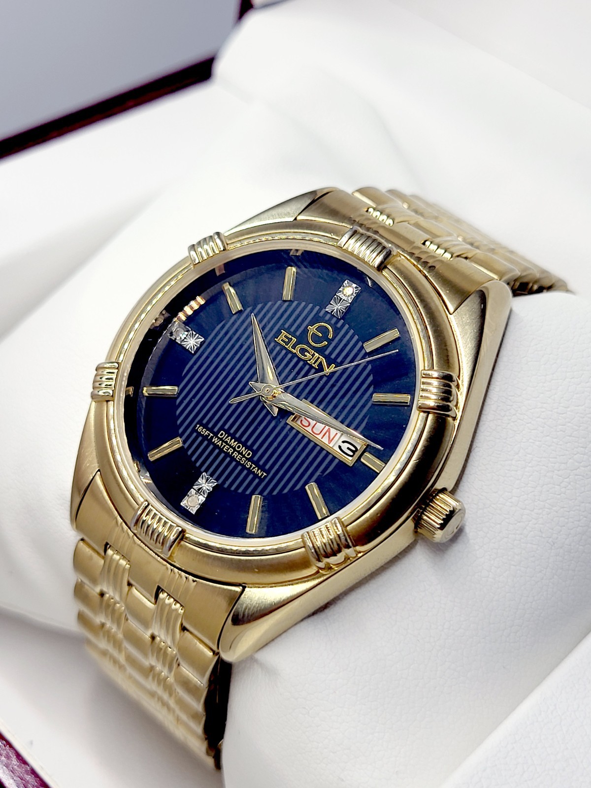 Elgin Men’s Gold Tone Watch 1990s [MINT] Black Pinstripe Dial Diamond Accents