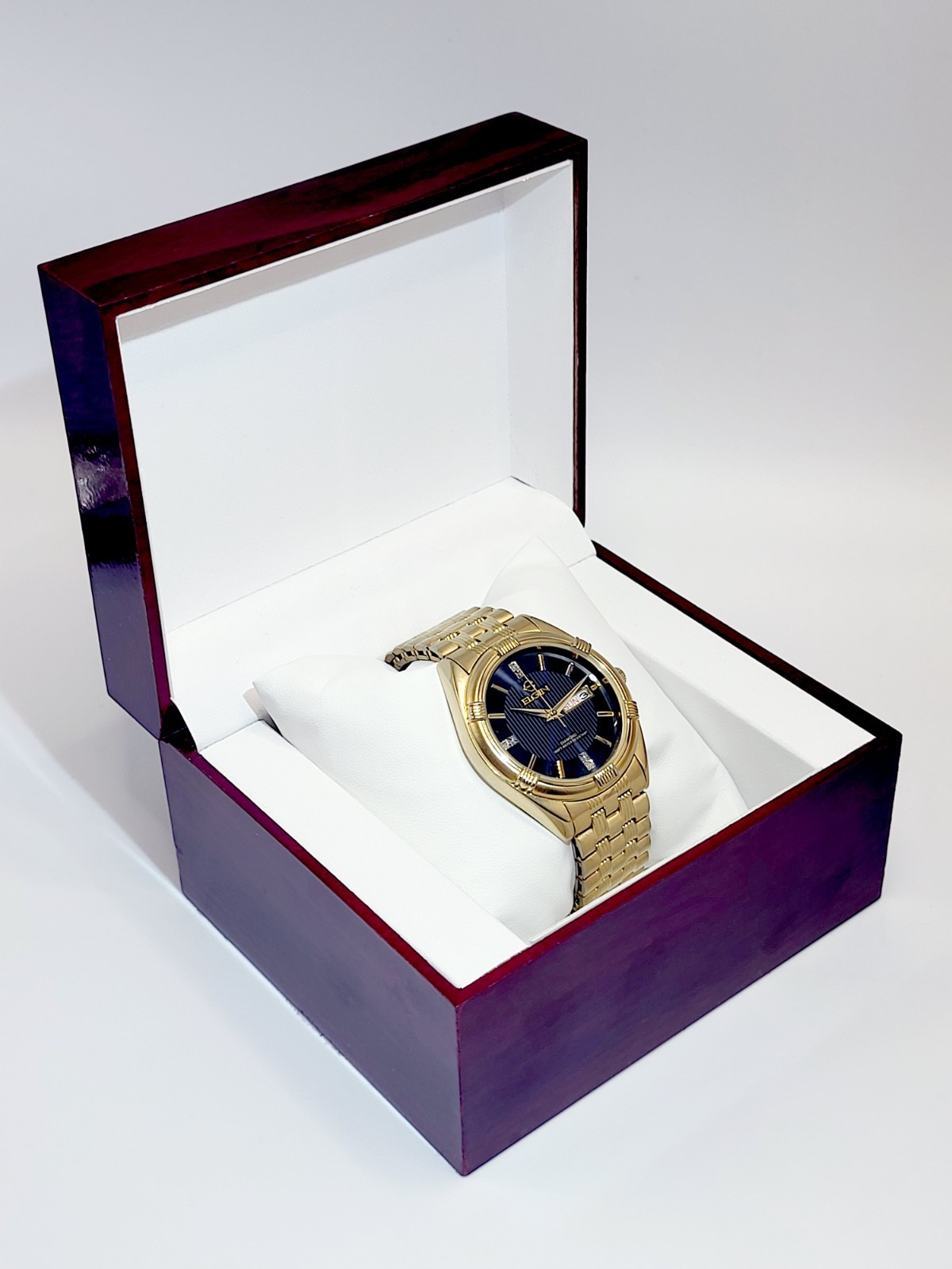 Elgin Men’s Gold Tone Watch 1990s [MINT] Black Pinstripe Dial Diamond Accents
