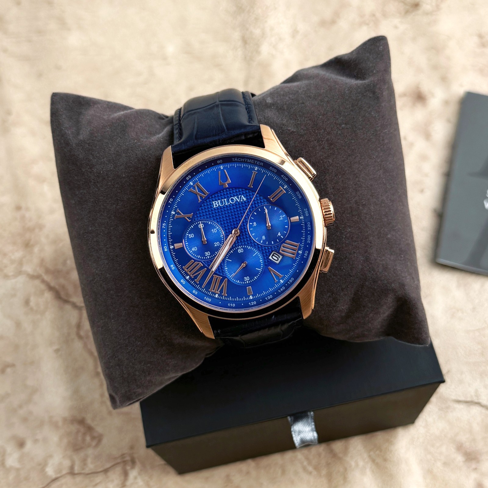New Bulova Classic Dark Blue Textured Dial Chronograph Men’s Quartz Watch 97B170
