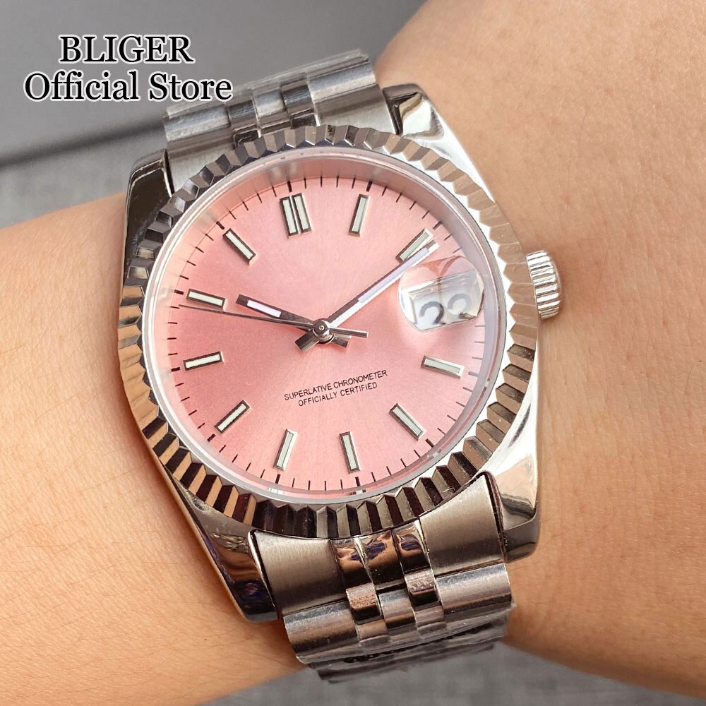 36MM NH35A Sunburst Pink Dial Automatic Watch Men Jubilee Bracelet Screw Crown
