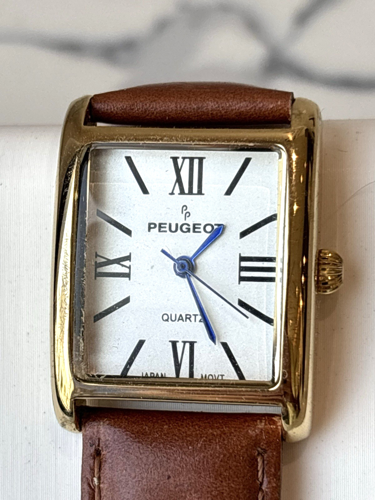 Peugeot Women’s Tank Watch Blue Hands Leather Band, Gifts for Her