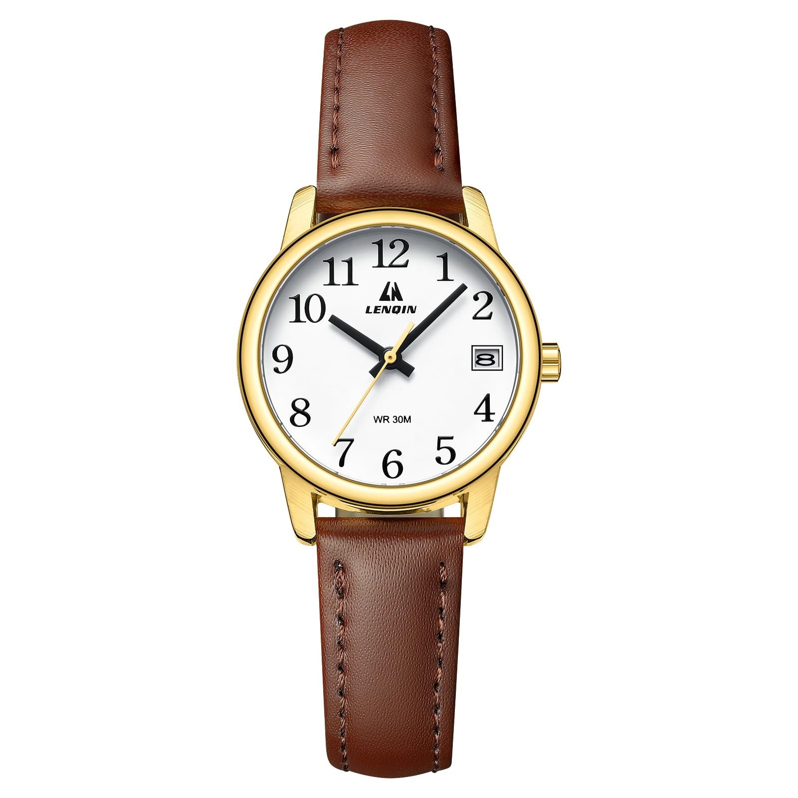 Women’s Analog Quartz Watch Dark Brown Leather Strap Easy Reader White 30mm 3ATM
