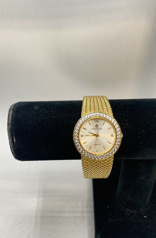 Sandoz SM-1002 Women’s Gold Tone Mesh Band Watch Rhinestone Bezel 31mm
