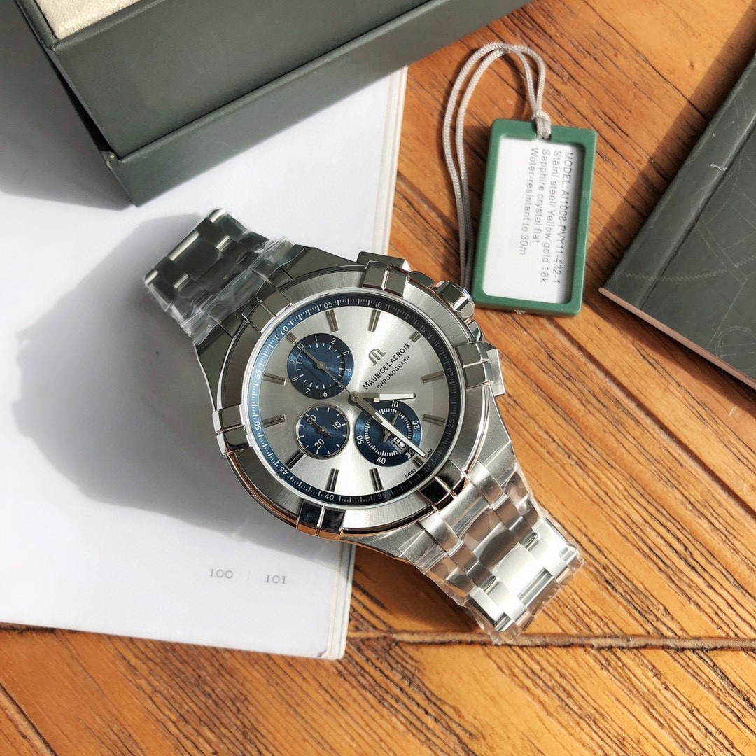 Maurice Lacroix AIKON Chronograph Silver Blue Dial 44mm Swiss Quartz Watch
