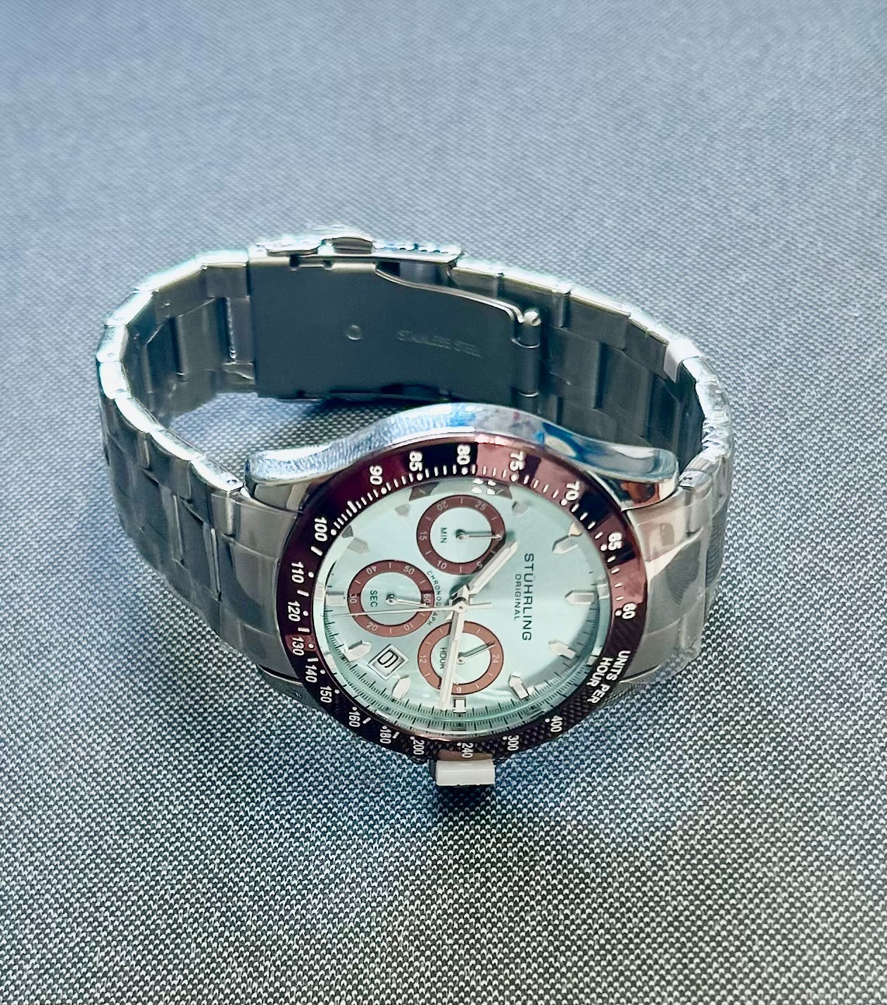 Stuhrling 3960 Ultima ChronoGraph, Ice Blue Dial, With Brown Bezel!! Brand New
