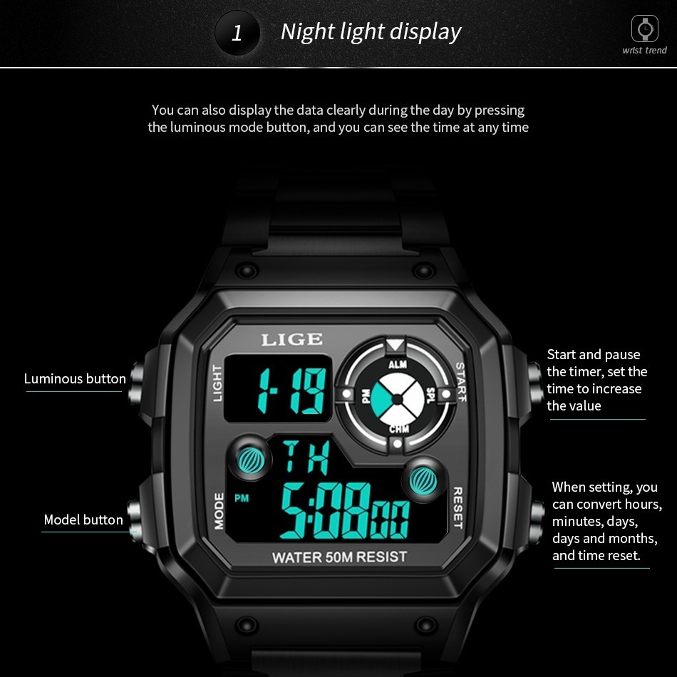 LIGE Men Watch Quartz LED Digital Luminous Date Waterproof Sport Boy Wristwatch