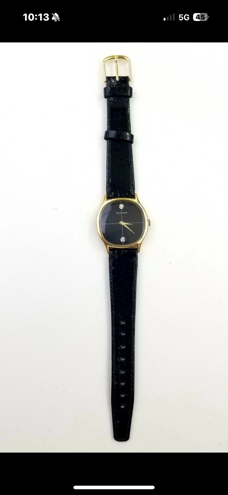 Wittnauer 17J Manual Wind Gold Tone Case Black Dial Diamond Markers Leather