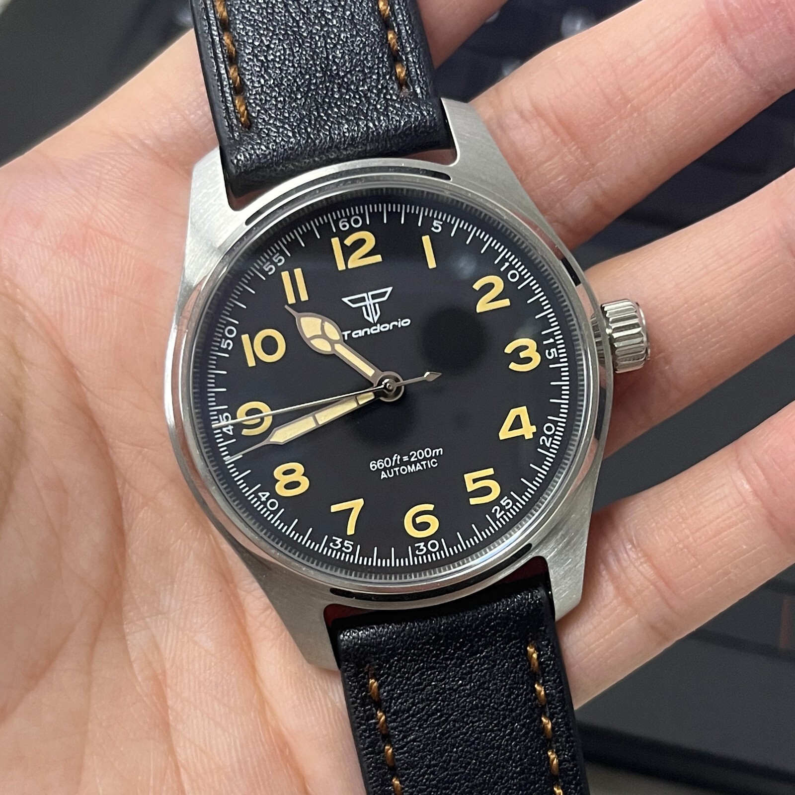 Tandorio 39mm Japan NH35A 200M Waterproof Black Dial Pilot Mens Mechanical Watch