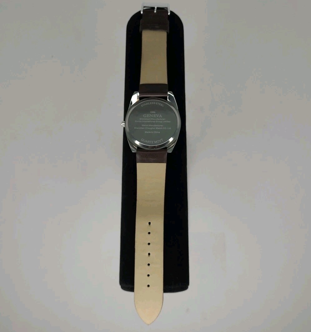 Geneva Men’s Watch Blue Dial Brown Strap Silver Tone Case New Battery Works