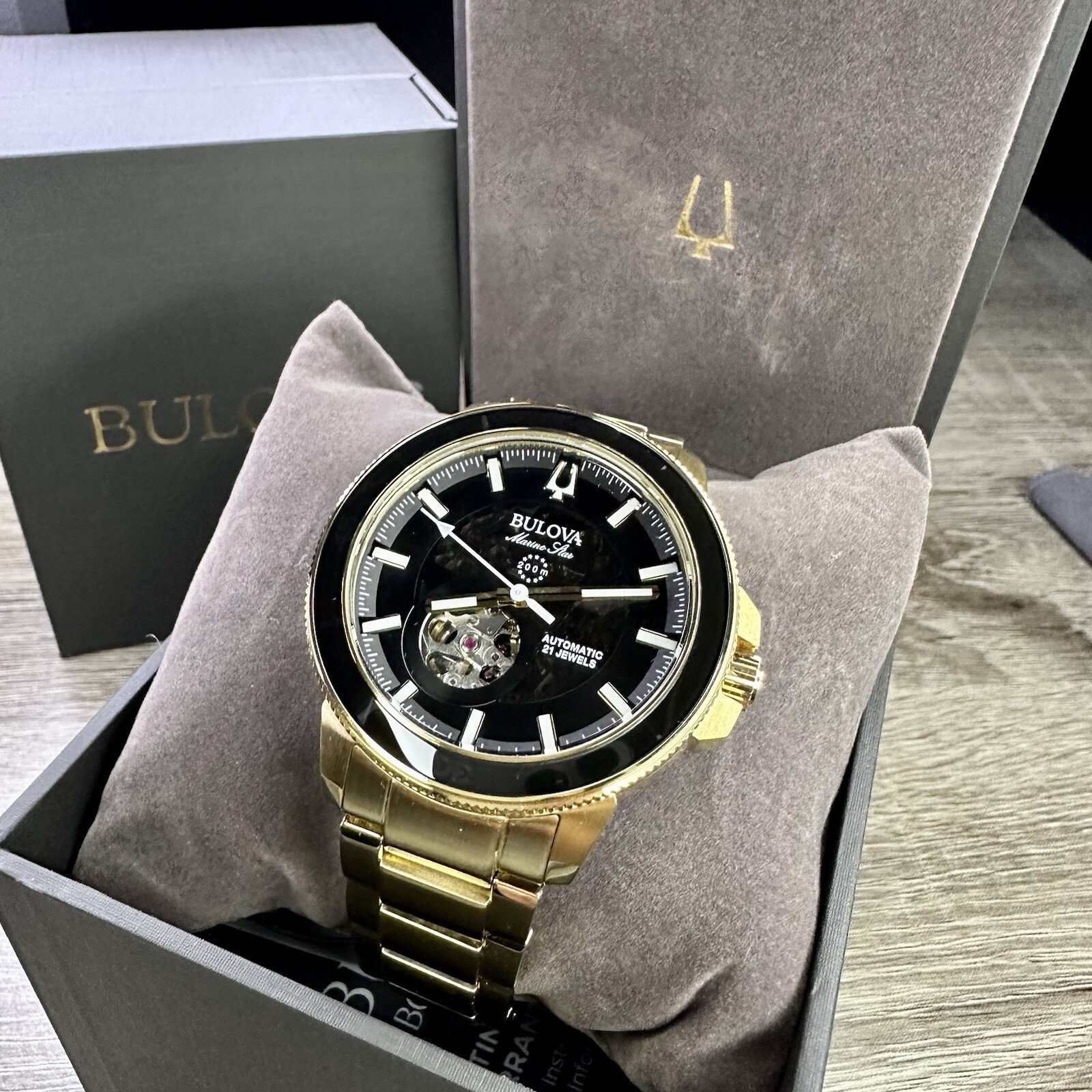 NEW✅AUTOMATIC✅ Bulova Marine Star Gold Tone Black Dial Skeleton Men Watch 97A174