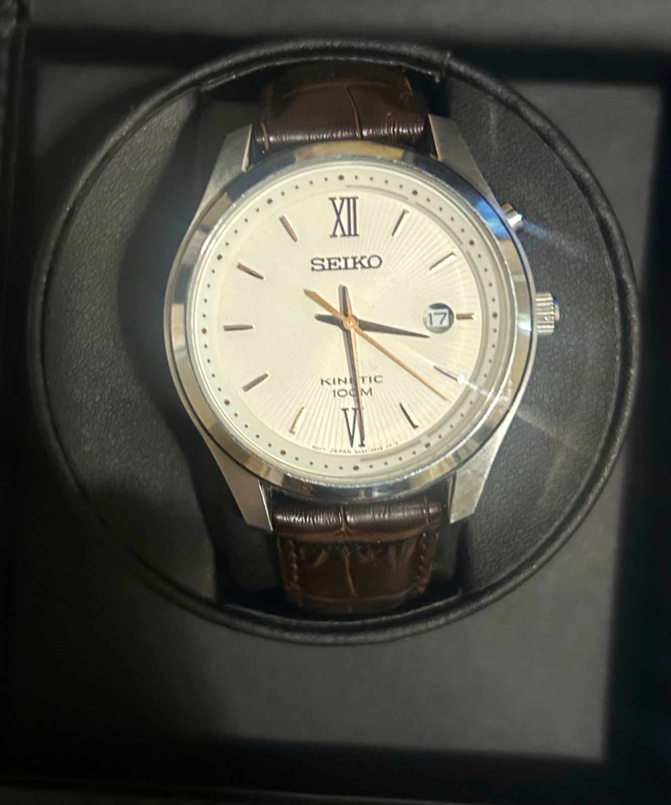 Seiko Kinetic Men’s 40mm 100m Analog Watch White Dial Brown Leather Date