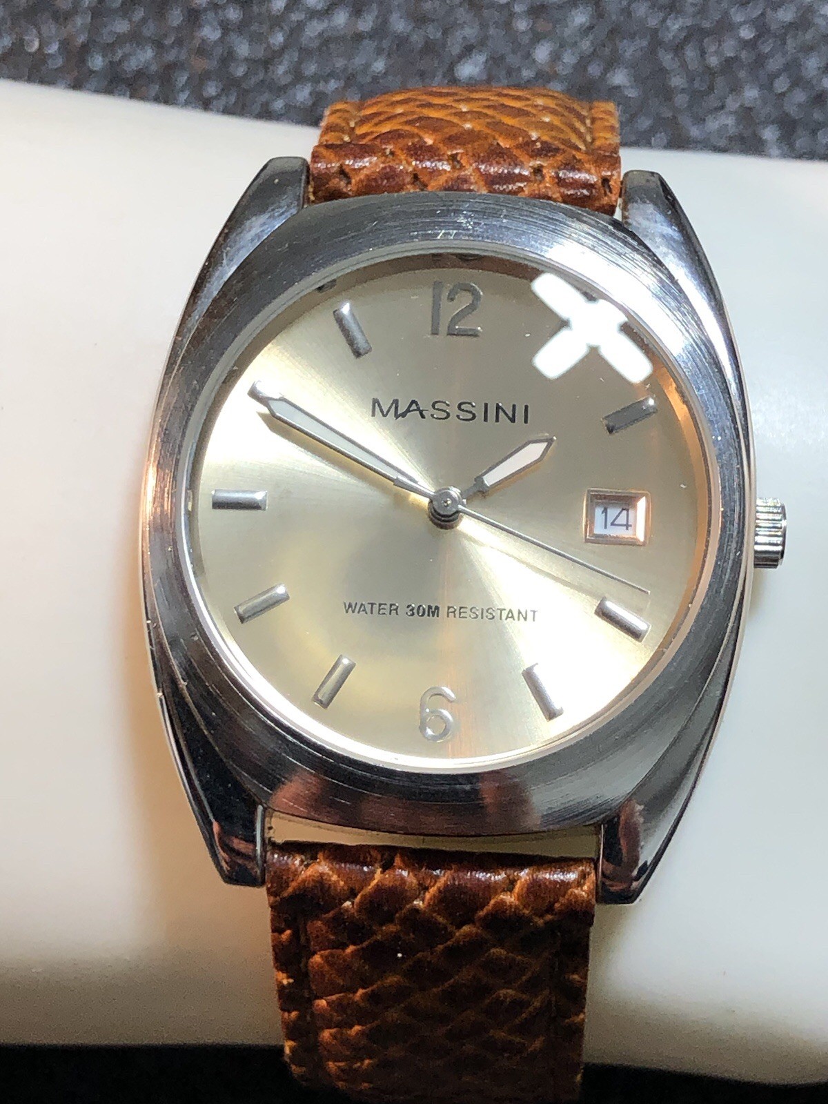 Massini Watch Silver Tone Brown Leather Band Japan Quartz,Date,35mm New Battery