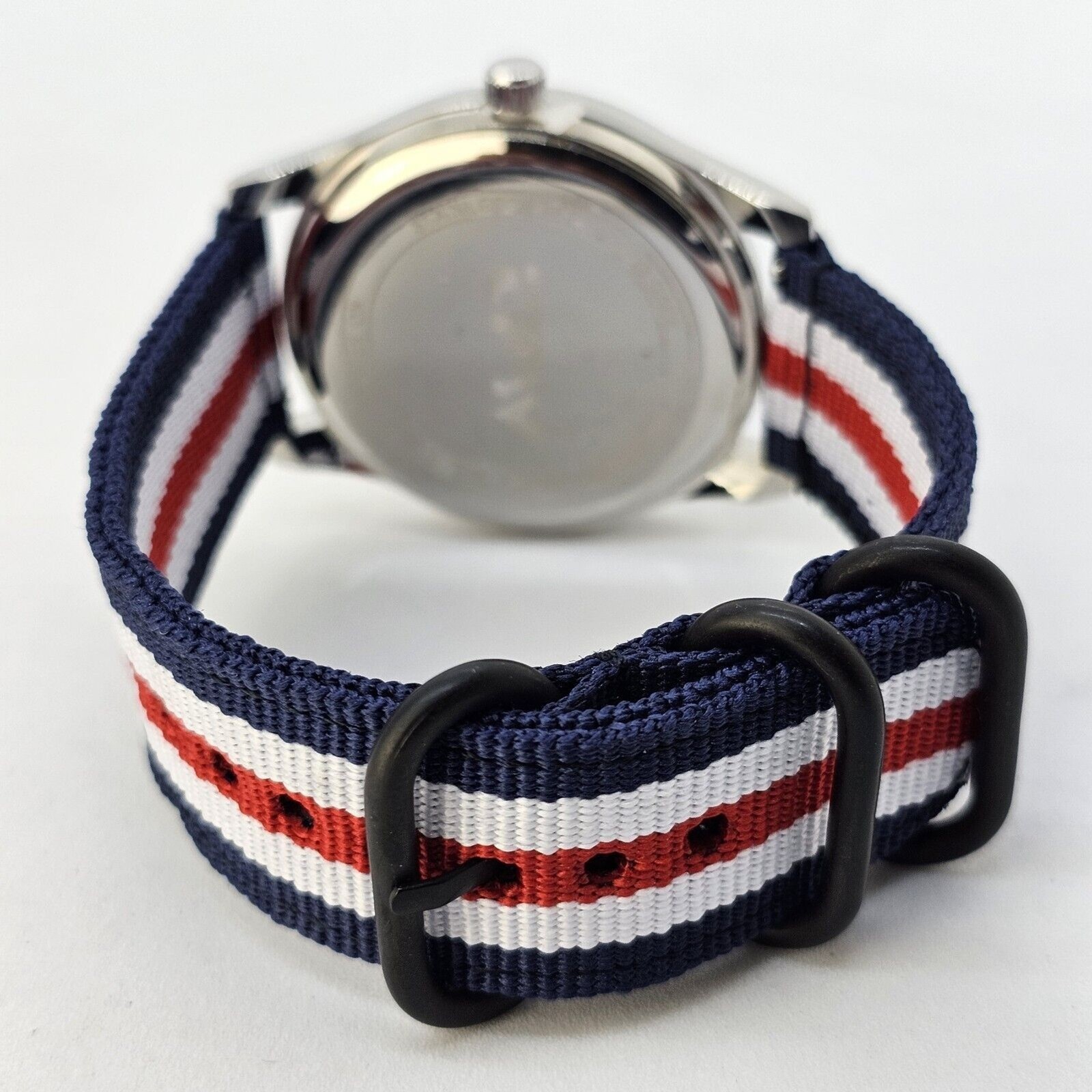 Men’s Field Military Watch 42MM Black Dial Blue White Red Canvas Band Straps