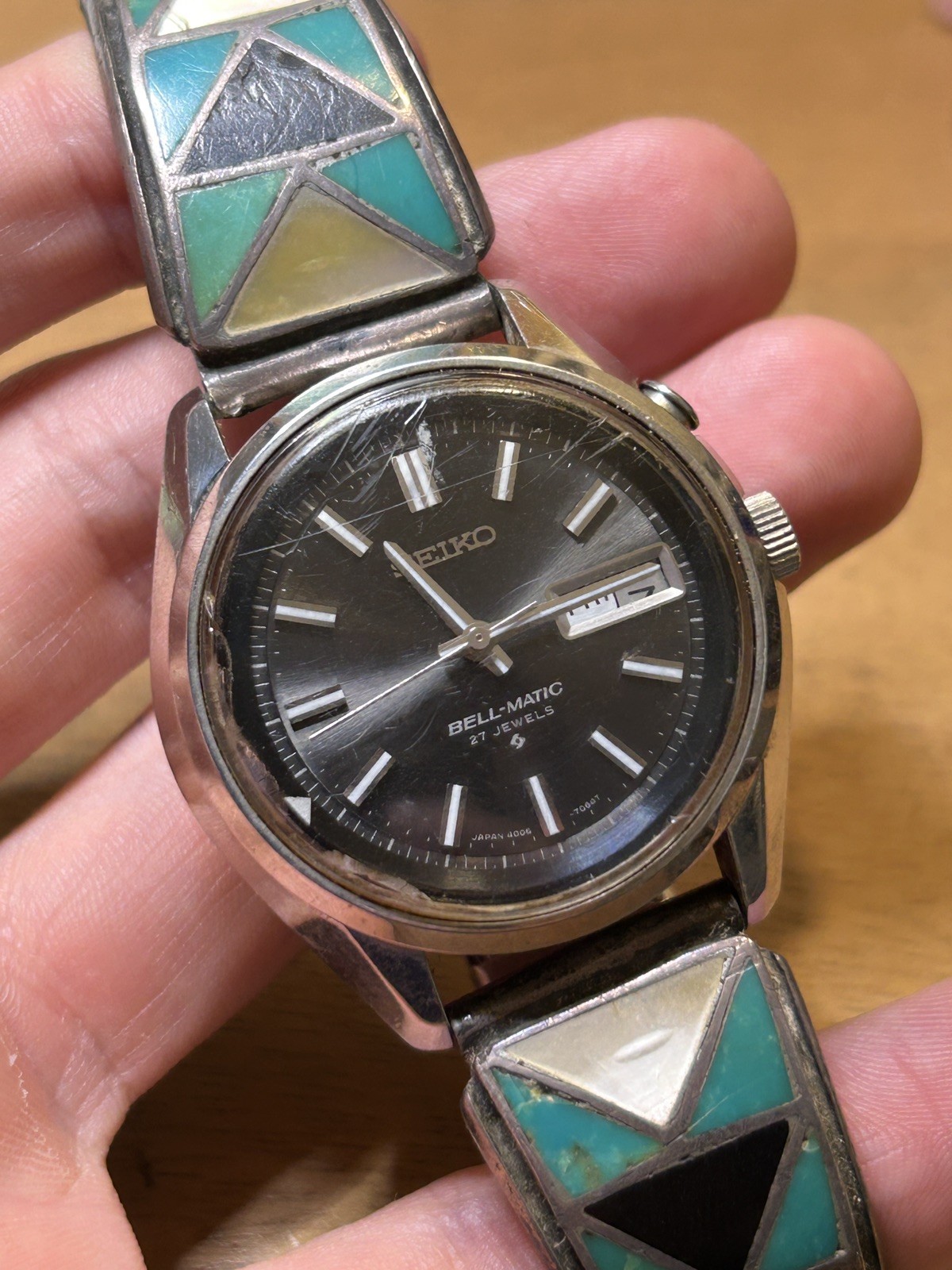 Vintage SEIKO BELL-MATIC 4006-7012 27 Jewels Automatic Native American 925 Band