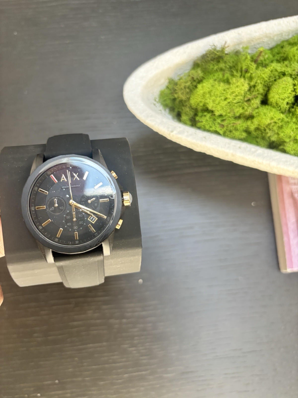 Armani Exchange Men’s Watch Outerbanks Chrono Silicone Black/Gold, AX7105, New