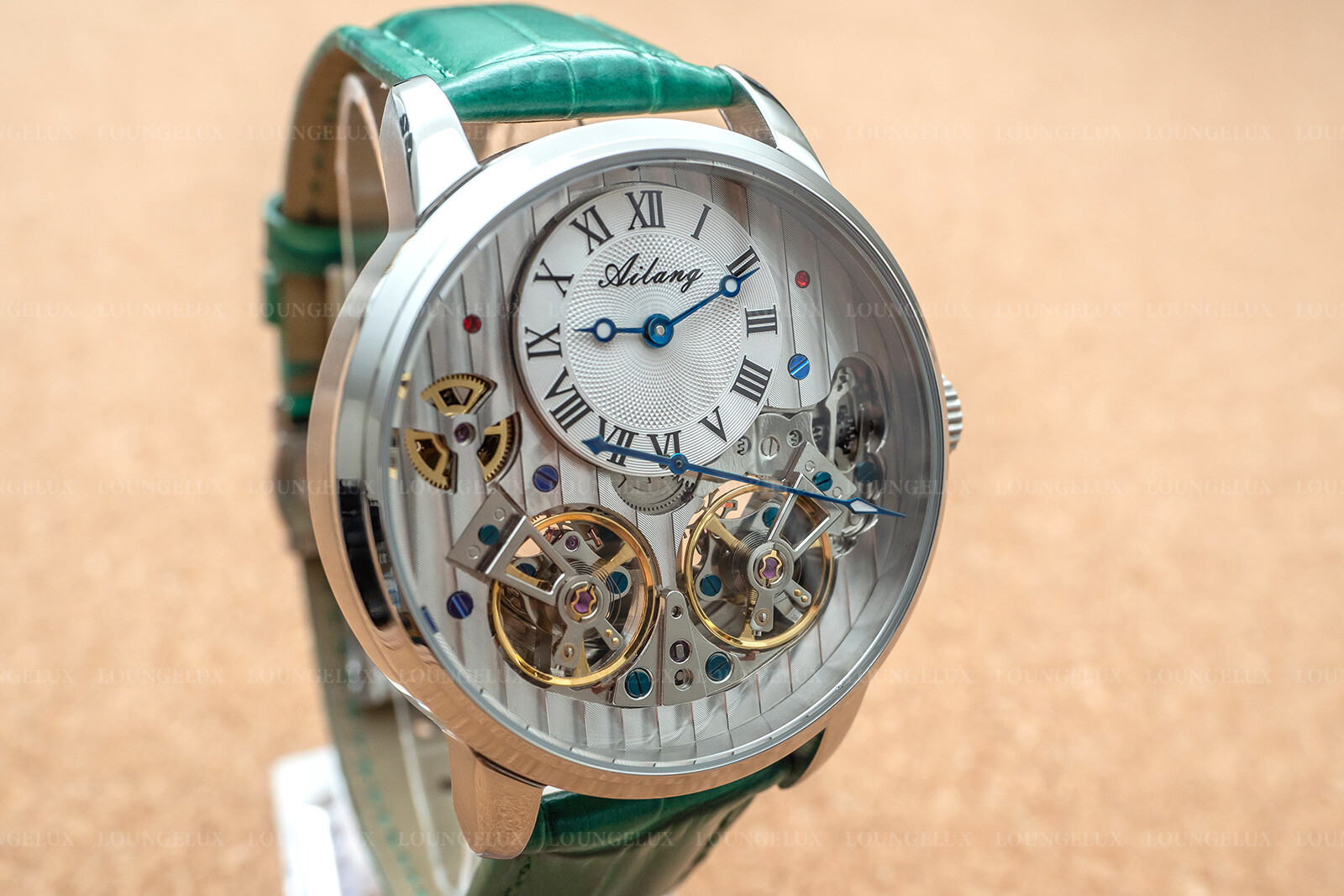 Mens Double Flywheel Automatic Mechanical Watch Silver White Dial Green Leather