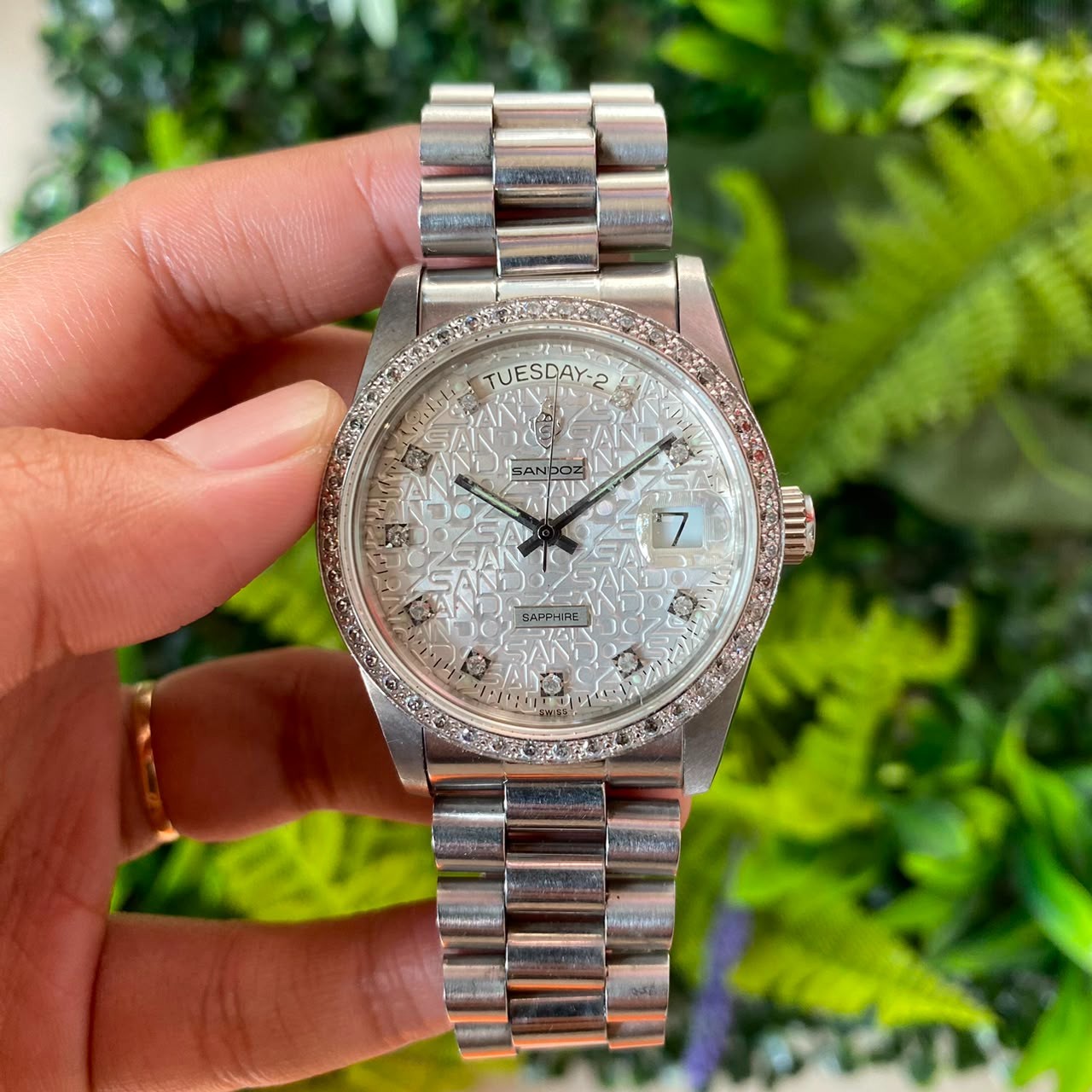RARE Sandoz President Computer Dial White Dial Diamond Automatic Day Date Watch