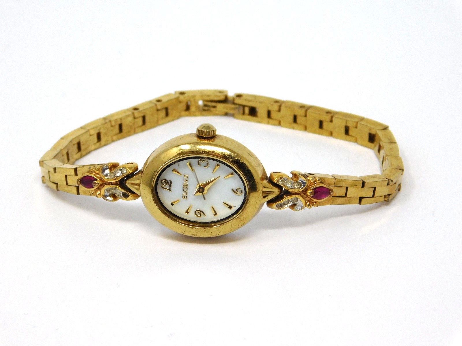 Elgin Women’s Watch Ell02 White Dial Gold Ruby Red Accent Ladies Fancy Formal 6″