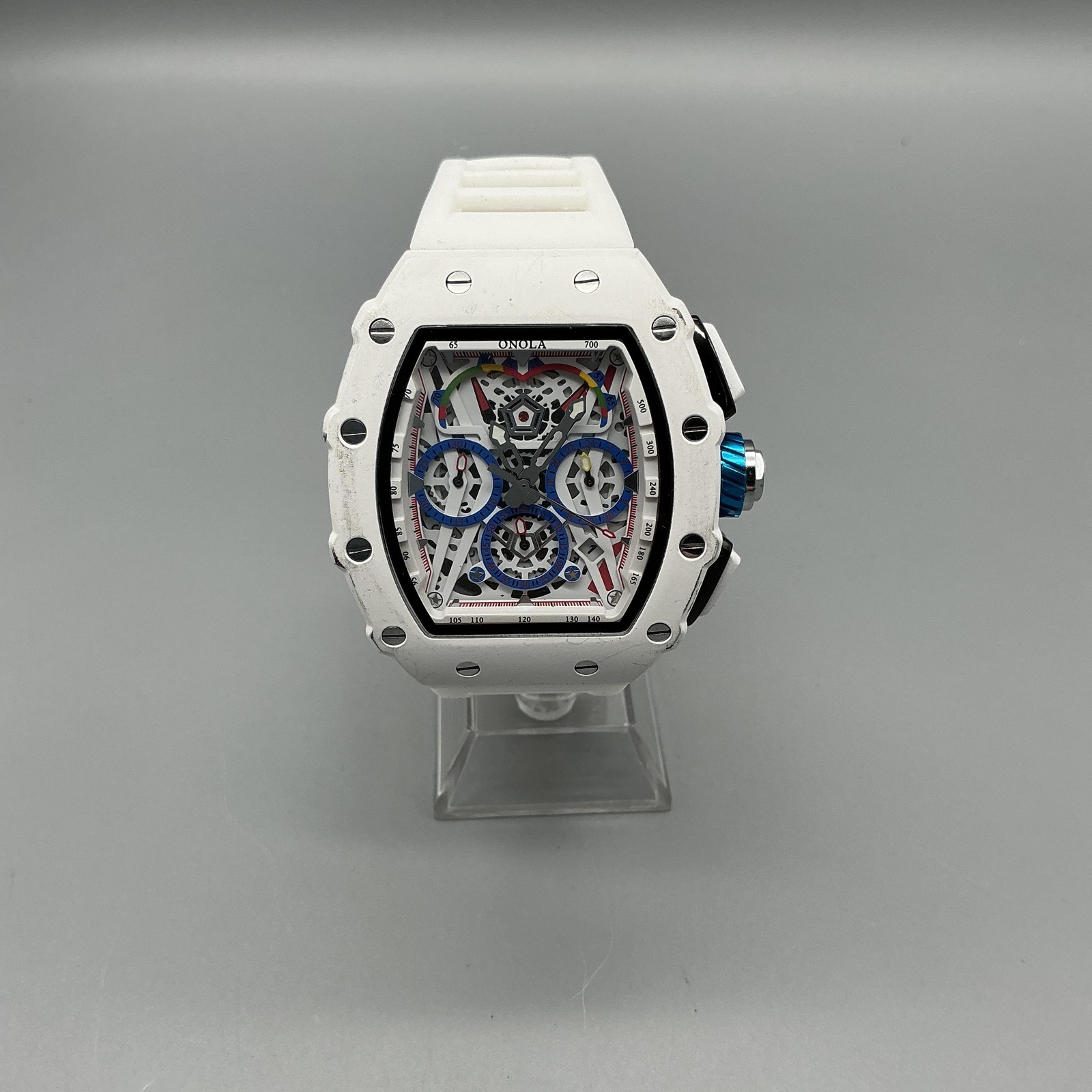 ONOLA Skeleton Mens Watch 44mm White Multicolor Tonneau Silicone New Battery