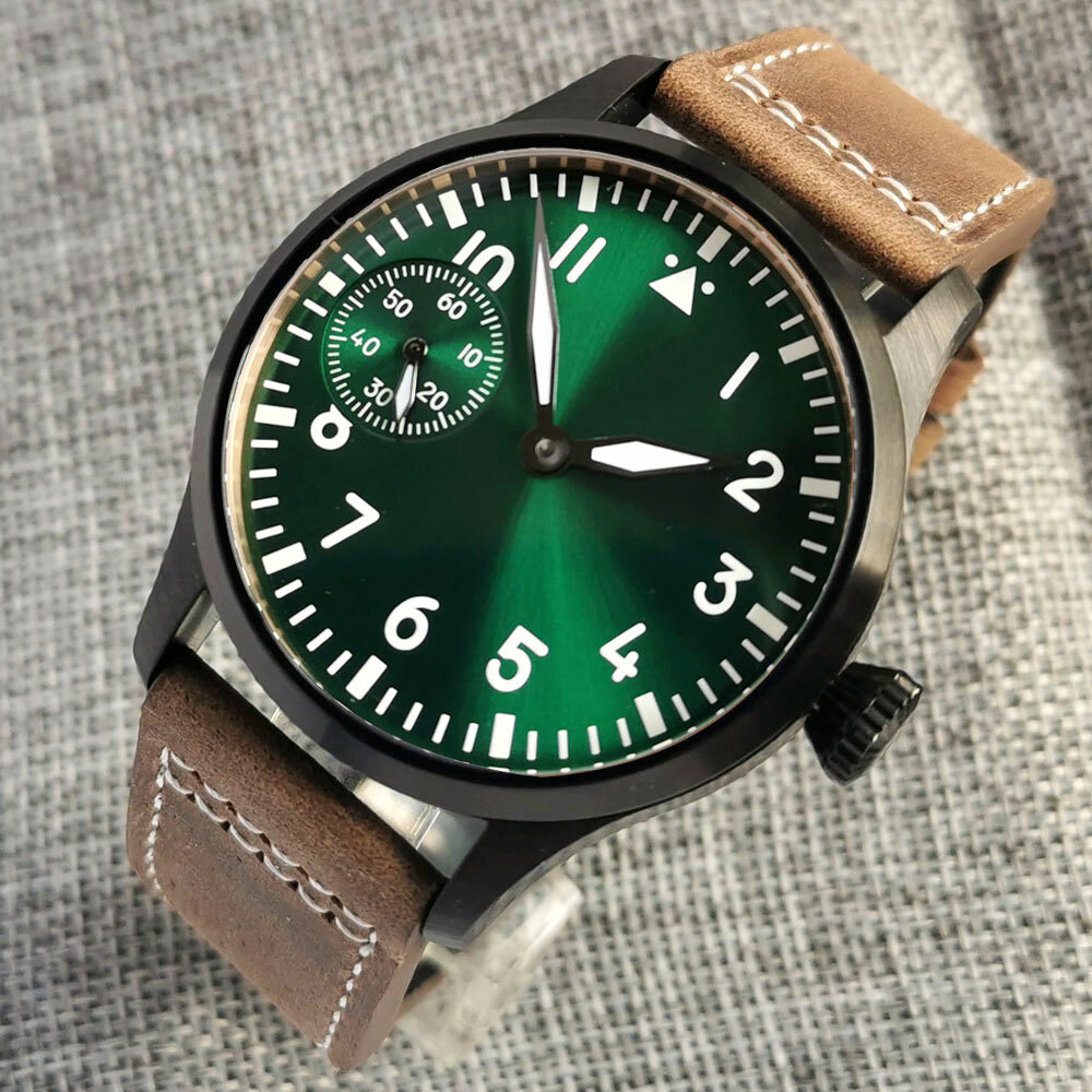 Bronzed PVD Mechanical Hand WInding Men Watch Sunburst Blue Green Dial Luminous