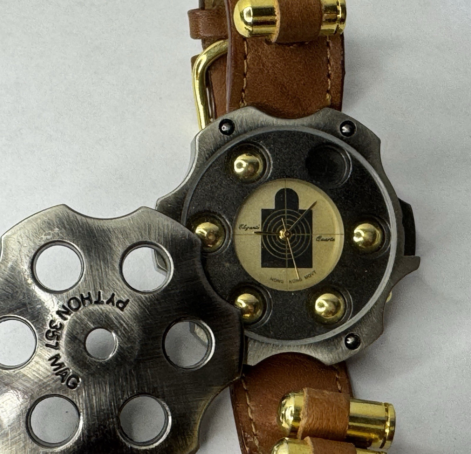 Python 357 Mag Revolver Cylinder Quartz Watch 41mm Men’s Leather Band Ammo