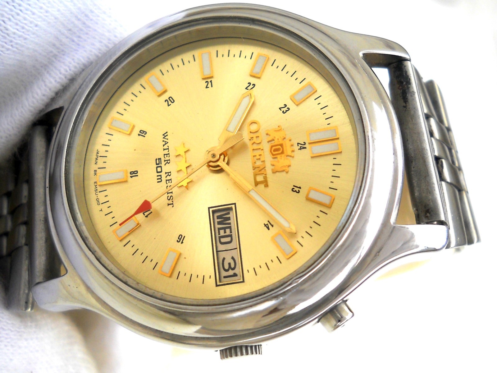 Neo-Vintage Orient 3 Star Watch Cream Dial Day Date 21J Military EM5U-010 T