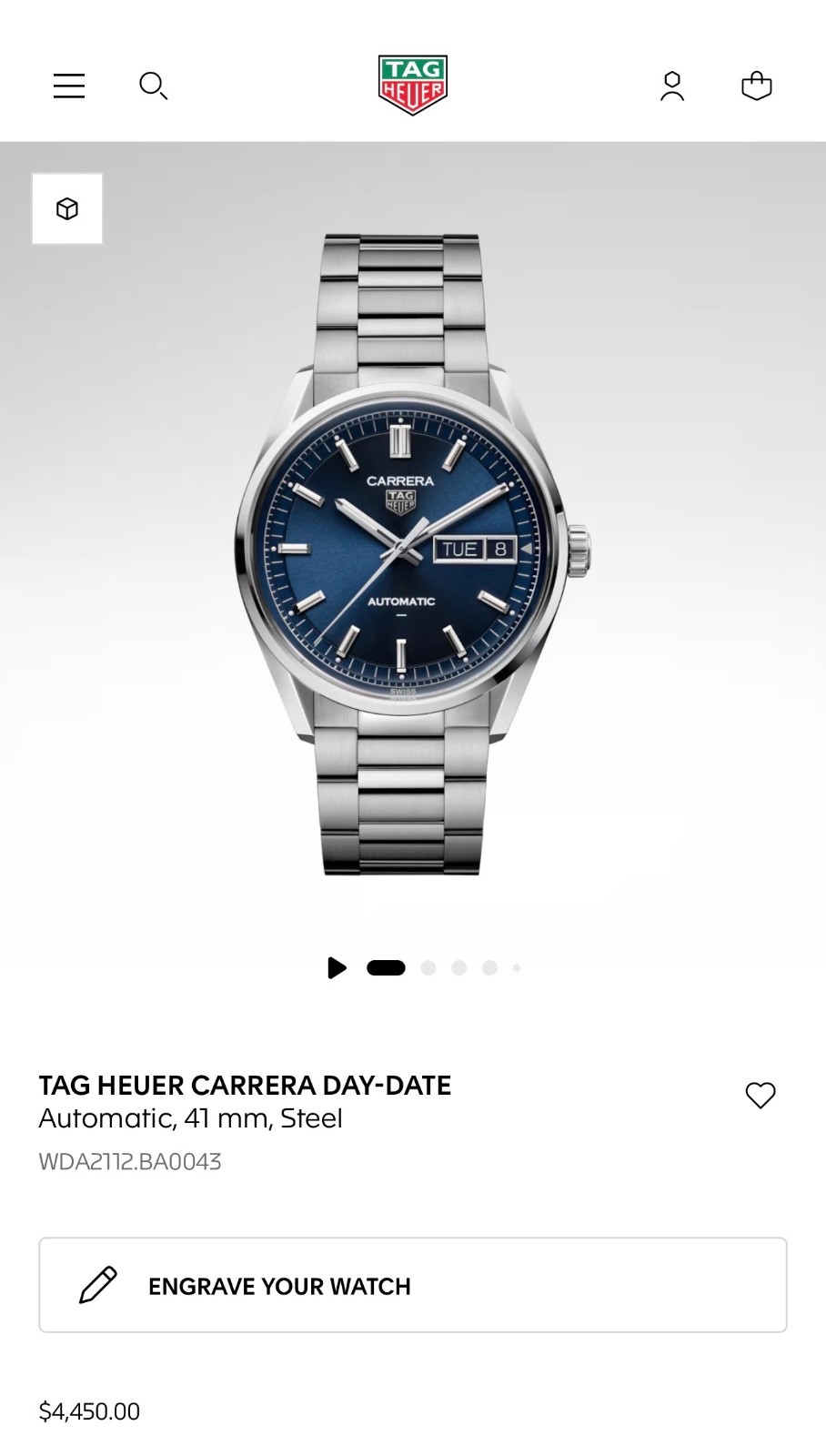 Tag Heuer Carrera Day-Date Auto 41mm Blue Dial SS Men’s Watch WDA2112.BA0043