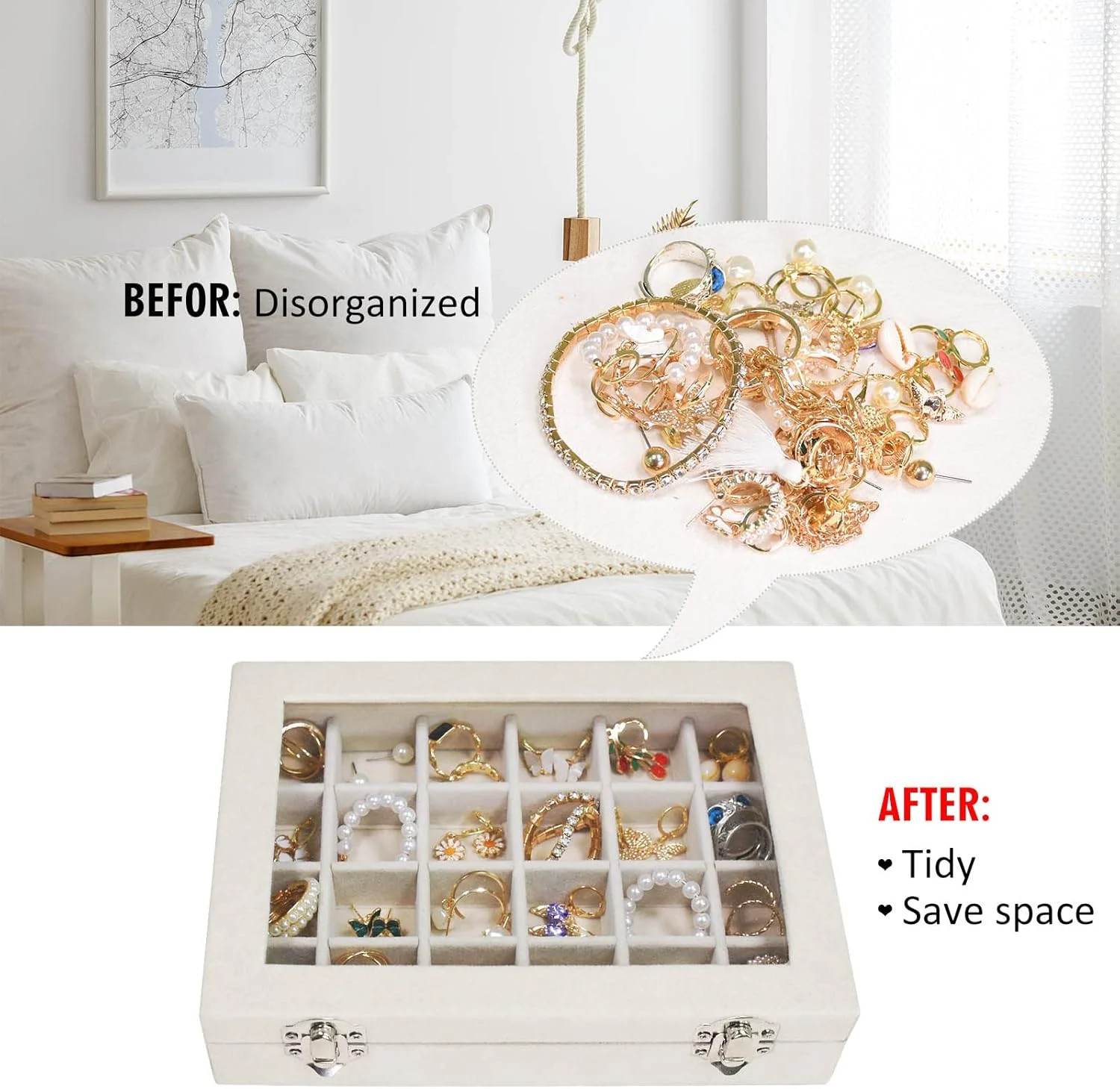 Velvet Jewelry Box 24 Grid – Ring/Earrings Organizer, Storage Case for Women
