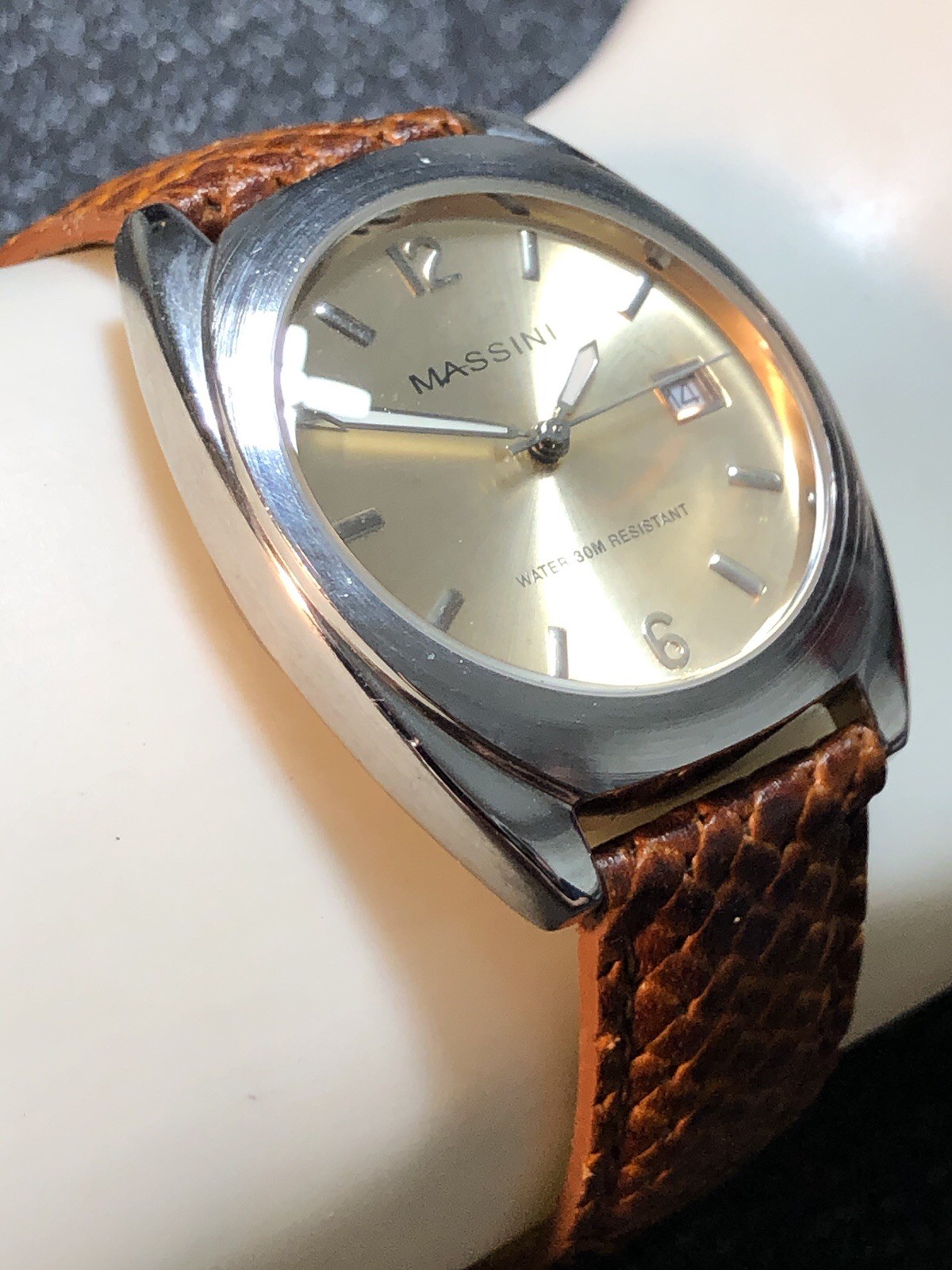Massini Watch Silver Tone Brown Leather Band Japan Quartz,Date,35mm New Battery