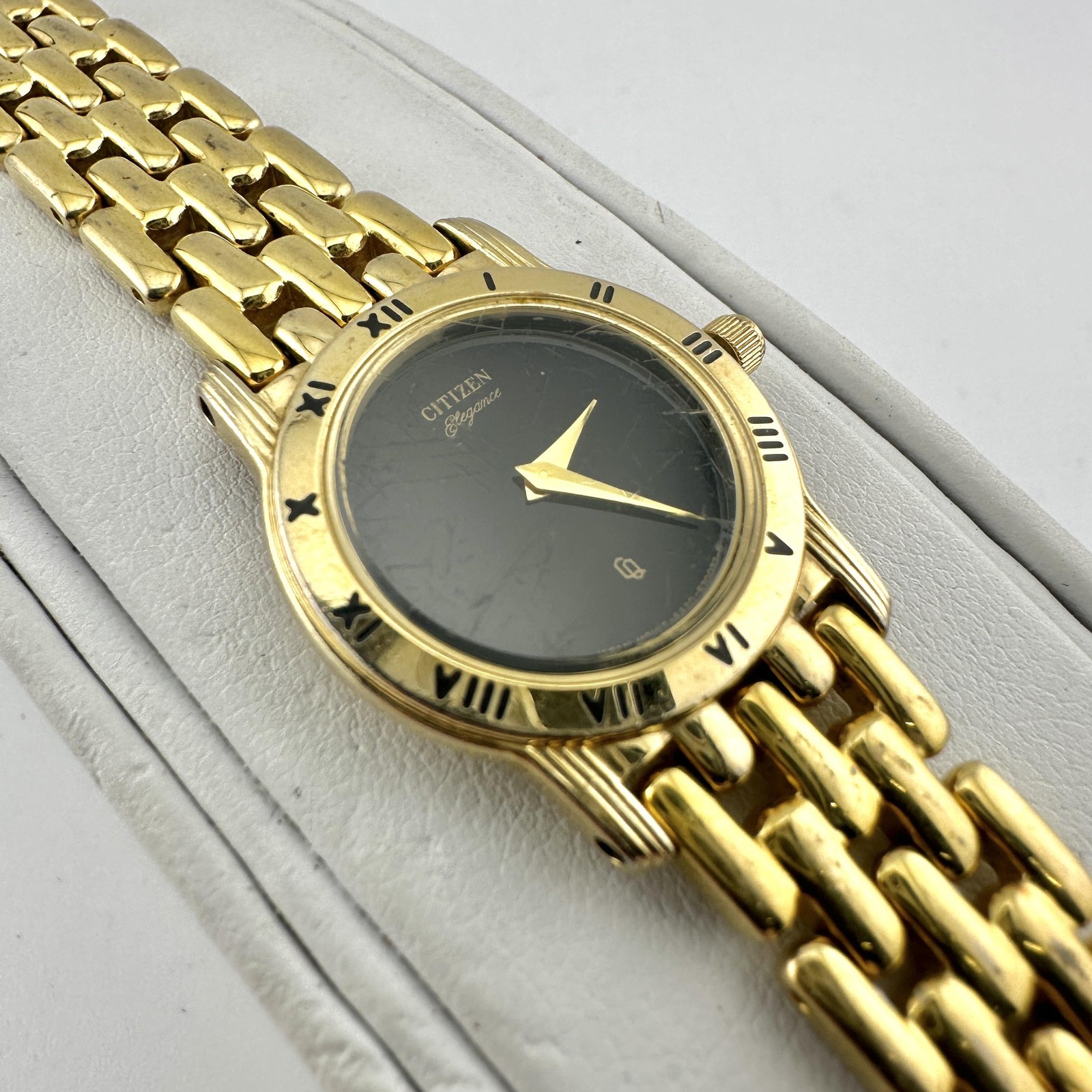 Scratched Citizen Womens Watch 21mm Black Dial Gold Case Bracelet, Size 7.3″