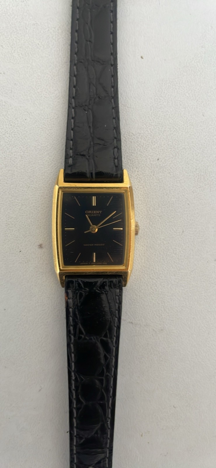 ORIENT Gold-tone Case Japan 1980s Black Dial Leather 40 mm Ladies TankB Watch