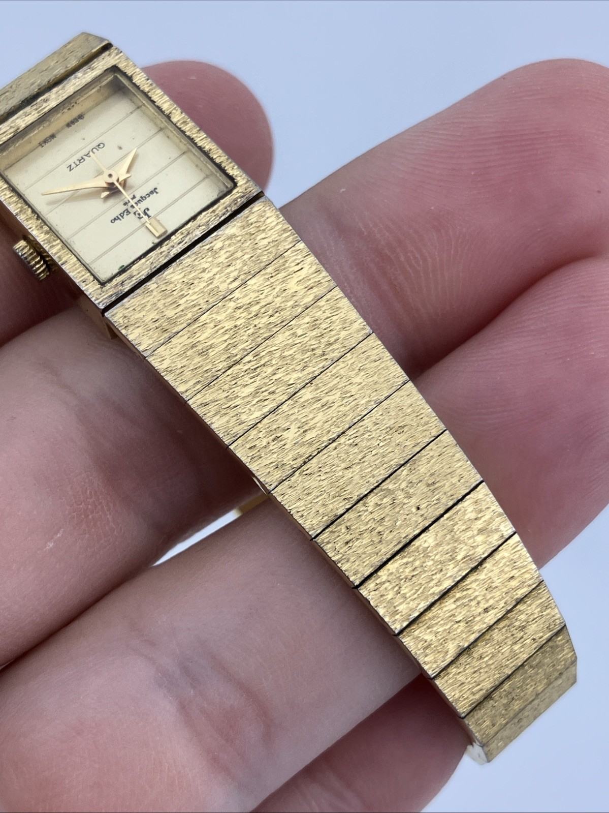 Vtg Jaques Edho Paris Ladies 15mm Watch Gold Tone Rectangle Dial 5.75″ – RUNS