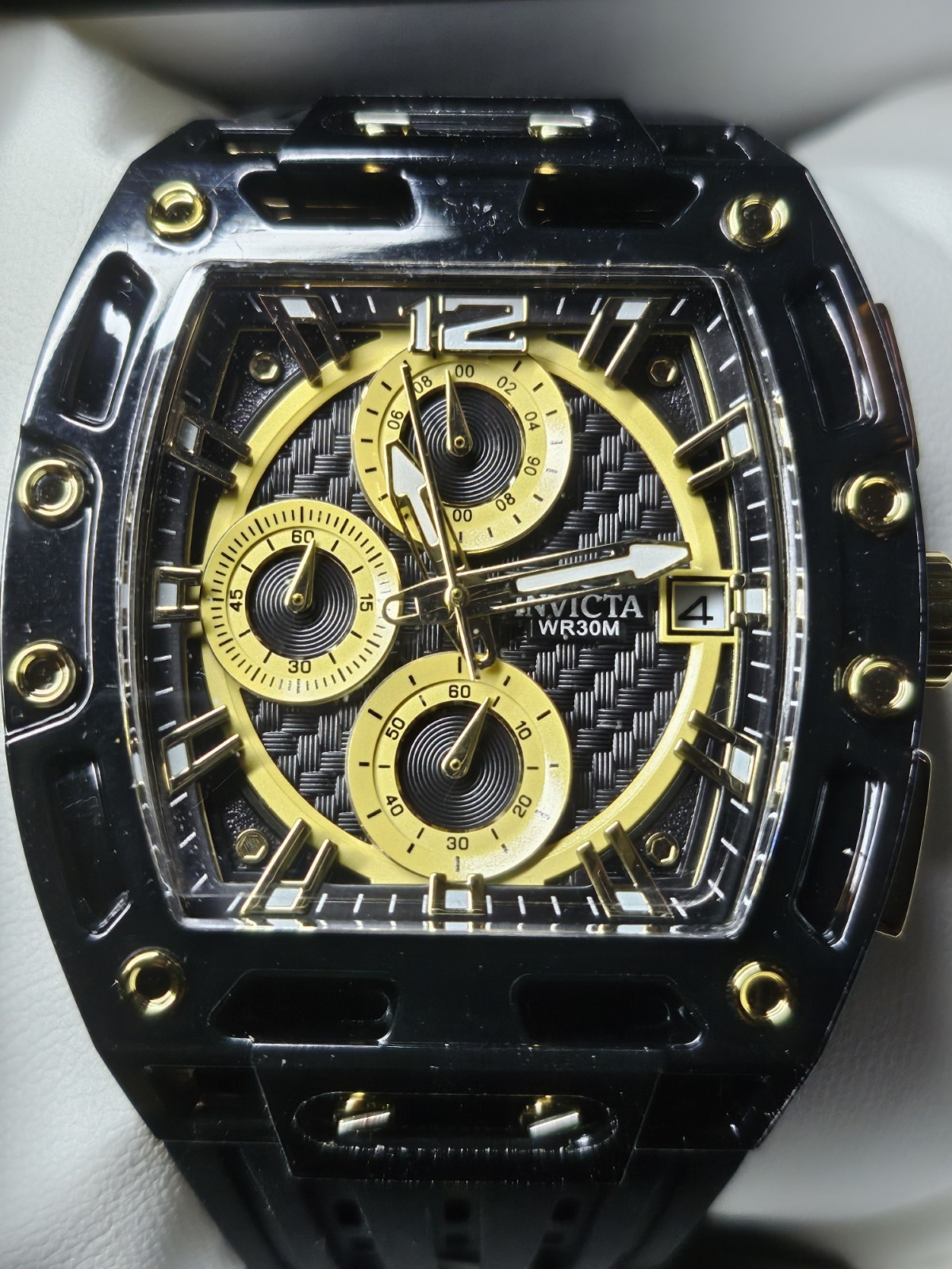 Invicta 70148 Men’s Quartz Chronograph Date 30m Tonneau Black/Gold Silicone