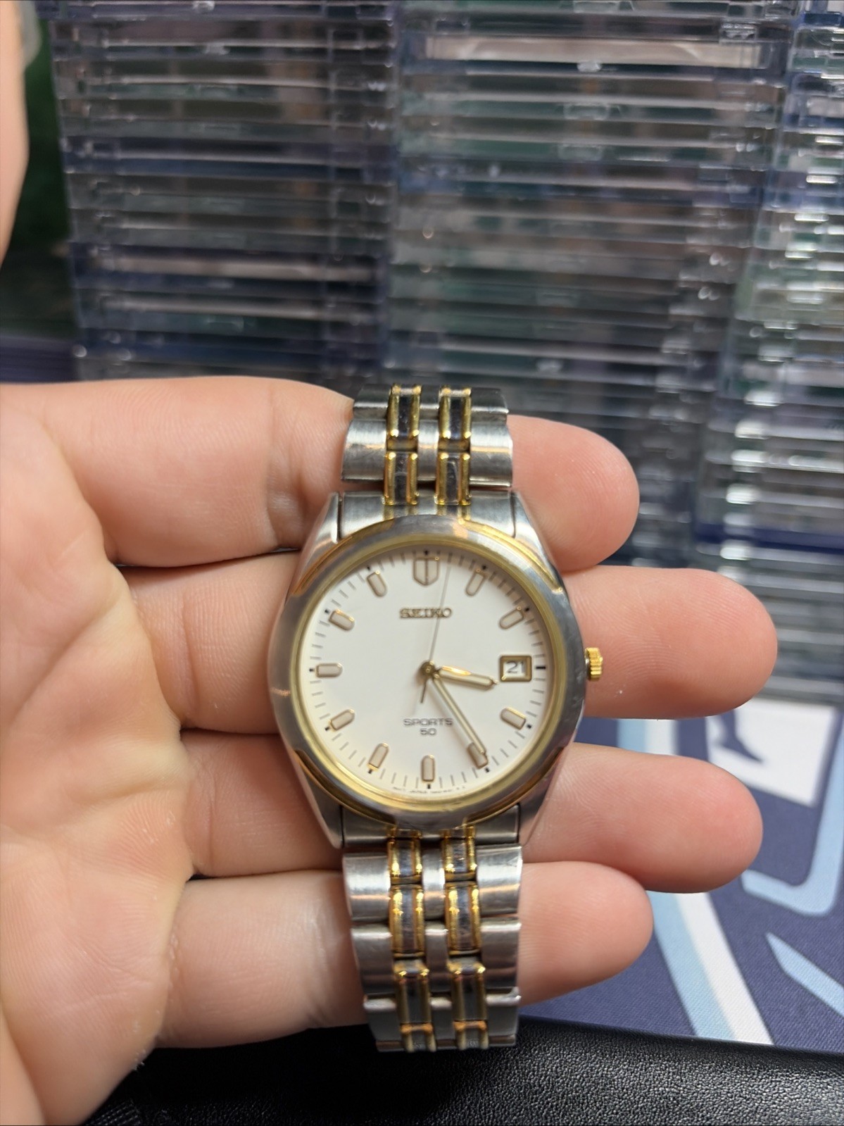 Seiko Quartz Sports 50 — Two‑Tone Men’s Watch — Day/Date — Analog Needs Batt.